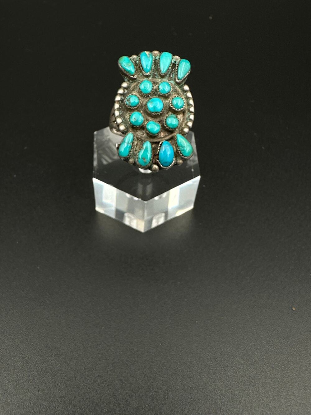 Vintage Zuni Turquoise Petit Point Cluster Ring, Size 6 1/4, Sterling